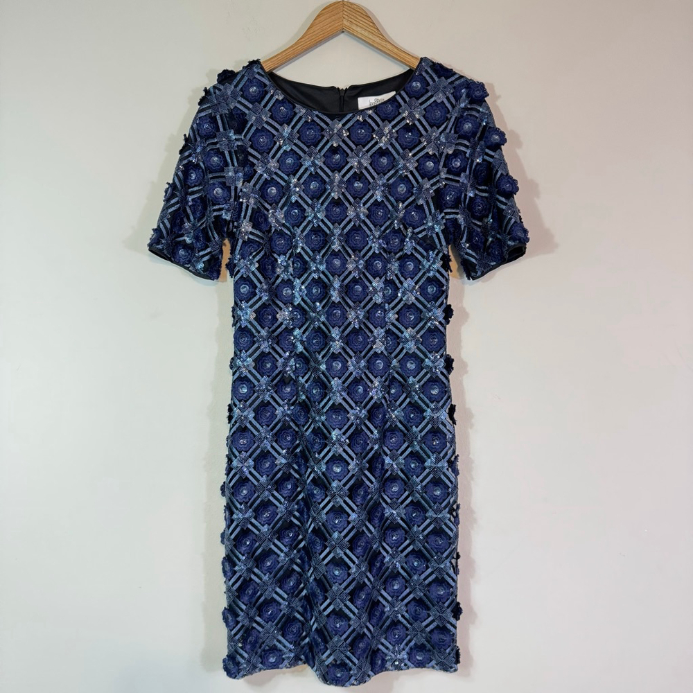 BELLE BADGLEY MISCHKA 3D Floral Appliqué Geometric Sequin Sheath Dress Blue 10